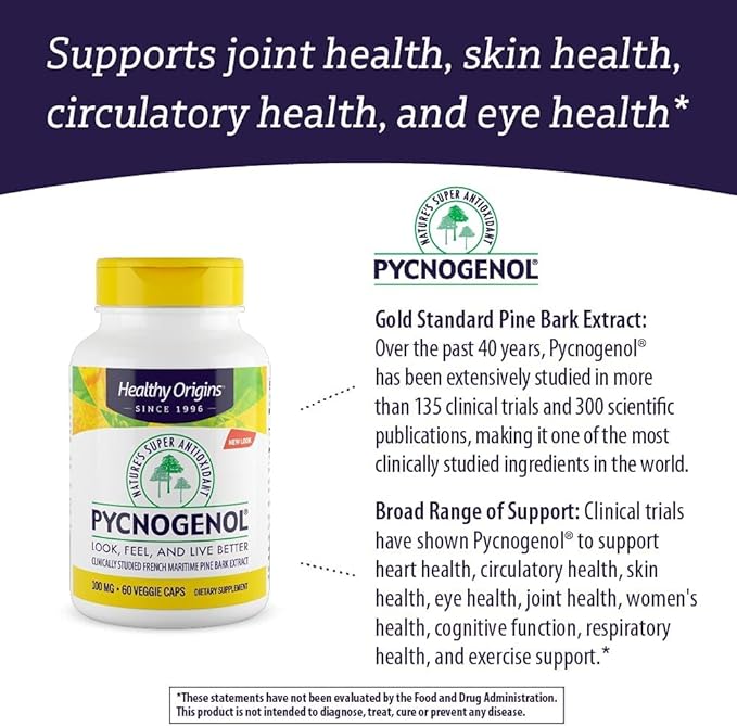 Healthy Origins Pycnogenol 100 mg - Premium Pine Bark Extract - French Maritime Pine Bark Extract for Heart Health, Skin Care & More - Gluten-Free & Non-GMO Supplement - 120 Veggie Caps