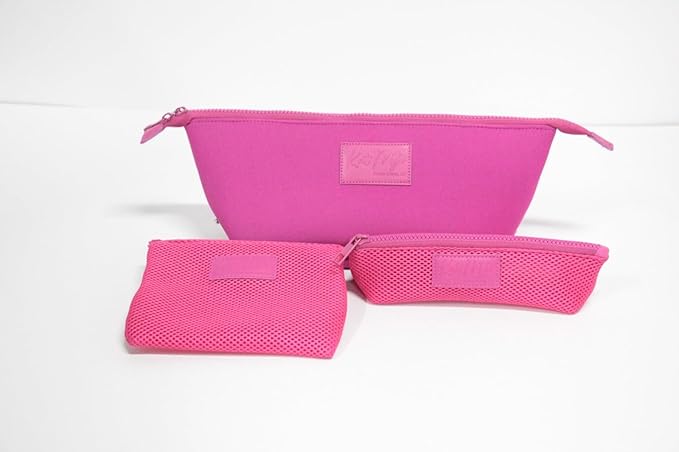 Kat Myhr Neoprene Washable Travel Makeup & Cosmetic Bag Set, 2 Air Mesh Pouches,100% Neoprene Toiletry Bag, Large Water Resistant Travel Bag for Toiletries, Makeup Cosmetic Travel Bag (Fuchsia Pink)