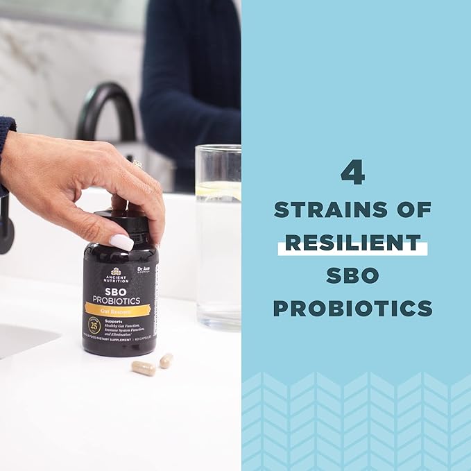 Probiotics by Ancient Nutrition, SBO Probiotics Gut Restore 60 Ct, Promotes Gut Health, Digestive and Immune Support, Gluten Free, Ancient Superfoods Blend, 25 Billion CFUs* Per Serving
