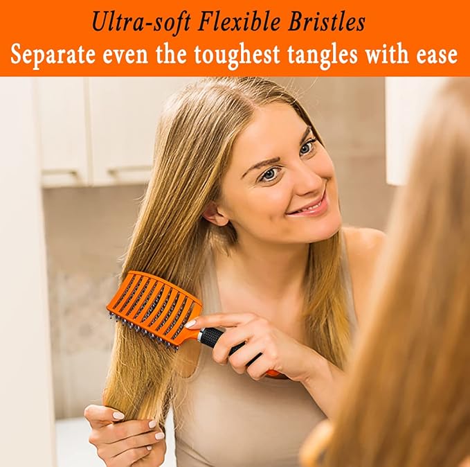 KTKUDY Detangling Brush Boar Bristles Hair Brush Make Hair Shiny & Healthier Curved and Vented Detangler Brush for Women Men Kids Wet and Dry Hair (Orange)