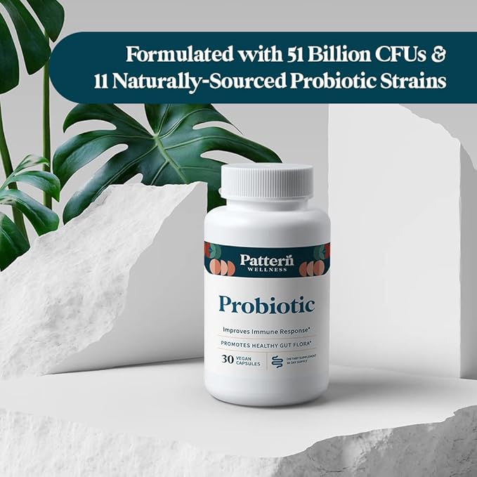 Pattern Wellness Probiotic Supplement - 51 Billion CFU - Promotes Healthy Gut Flora - Maintains Digestive Balance & Boosts Immune Health - All Natural, Non-GMO - 60 Vegan Capsules