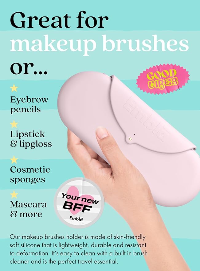 Embla Makeup Brush Holder Travel Cosmetic Case Pouch, Soft Silicone Cosmetic Bag Make Up Brushes Holder with Secure Snap Closure, Travel Makeup Brush Case, Rosette