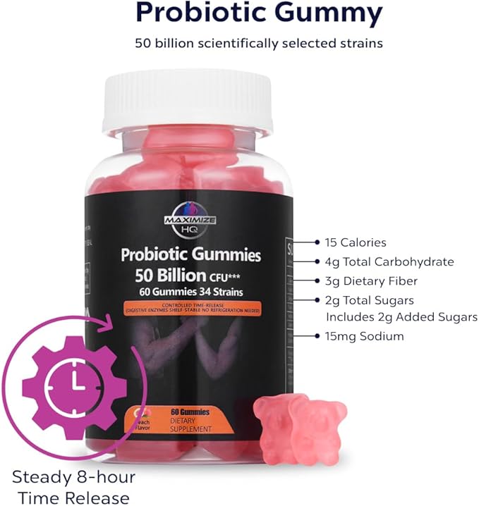 Probiotic Gummies - 50 Billion Probiotics - Time-Release Formula - Fruit Juice Extract - Gluten Free