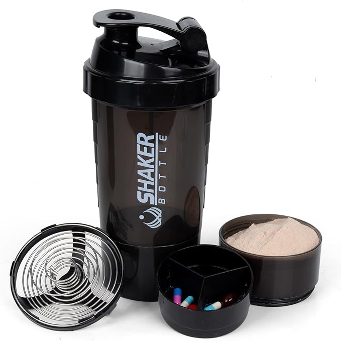 XTK Shaker Bottle 16OZ Protein Shaker Bottles with Mix Ball Portable Sports Water Bottle Leak Proof GYM Cup for Protein Mixes with Powder Storage & Pill Organizer, Idea for Pre Workout,BPA Free-Black