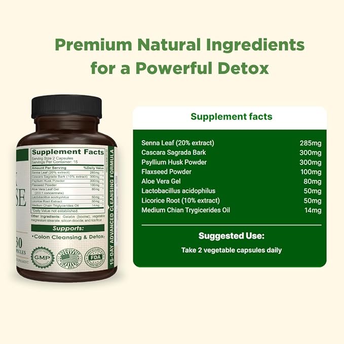 Detox Cleanse - Colon Detox - Supports Healthy Bowel Movement & Detox - Gut & Colon Detox Cleanse - Natural Laxative for Constipation - Reduce Bloating - Dietary Supplement - 30 Capsules
