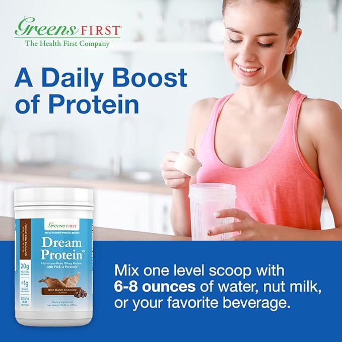 Greens First Dream Whey Protein Powder, Rich Dutch Chocolate, 30 Servings – 20 g Protein – Low Carb Powder – Hormone-Free, Non-GMO, No Artificial Sweeteners/MSG/Aspartame, 28.04 oz