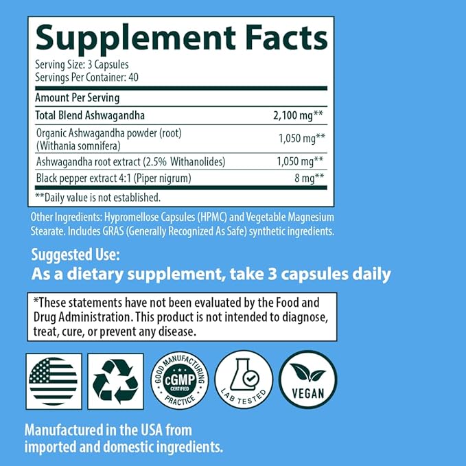 Sanar Naturals Ashwagandha 2100 mg - Stress & Mood Support Supplement - Promotes Calm, Focus and Sustained Energy - Non-GMO, Vegan, 120 Capsules