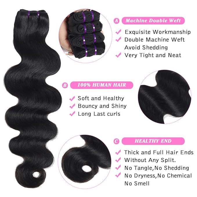 Beauty Queen Thick Body Wave Bundles Human Hair (22 22 22 22 Inch) 100% Unprocessed Virgin Human Hair Bundles Quick Weave Hair 4 Bundles Remy Hair Extensions Natural Color