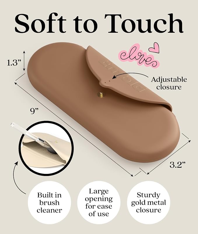 Embla Makeup Brush Holder Travel Cosmetic Case Pouch, Soft Silicone Cosmetic Bag Make Up Brushes Holder with Secure Snap Closure, Travel Makeup Brush Case, Latte