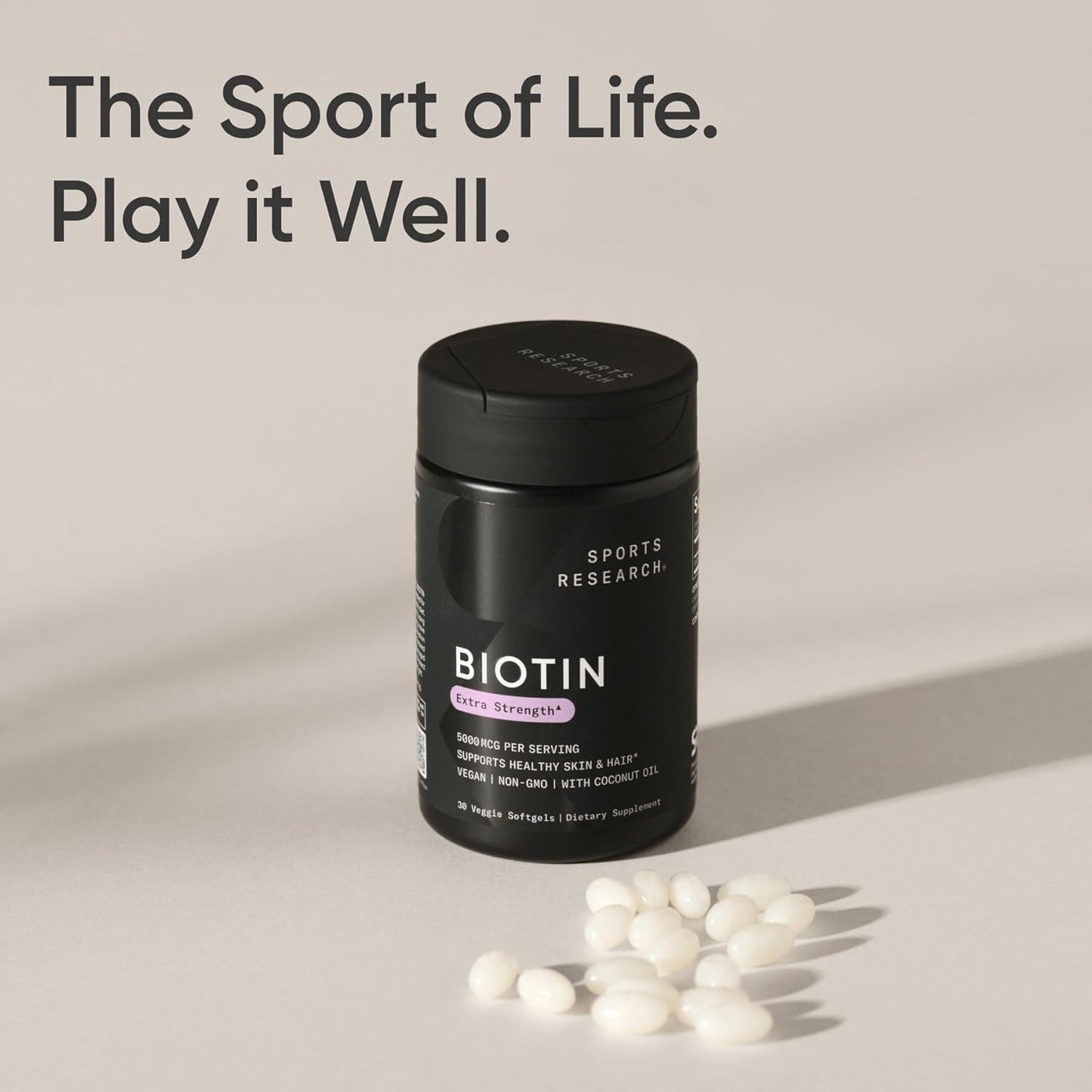 Sports Research Extra Strength Vegan Biotin (Vitamin B) Supplement with Organic Coconut Oil - Supports Keratin for Healthier Hair & Skin - Great for Women & Men - 5,000mcg, 30 Veggie Softgel Capsules