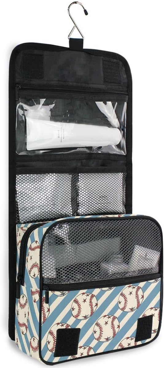 senya Hanging Travel Toiletry Bag Kit Boys Makeup Case Cosmetics Organizer for Men Women (Baseball Balls Star Blue Stipes)