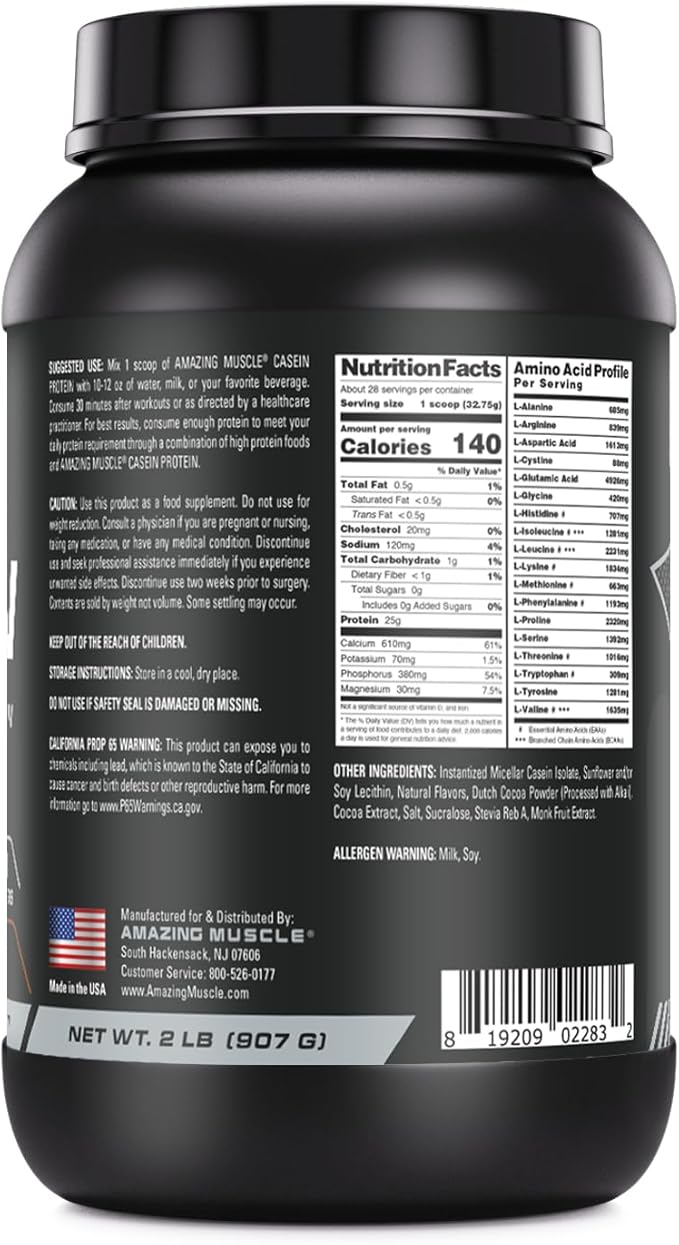 Amazing Muscle Casein Protein Powder | Chocolate Flavor | 25 G Protein | 2 Lb (907 G) | Non-GMO | Made in USA