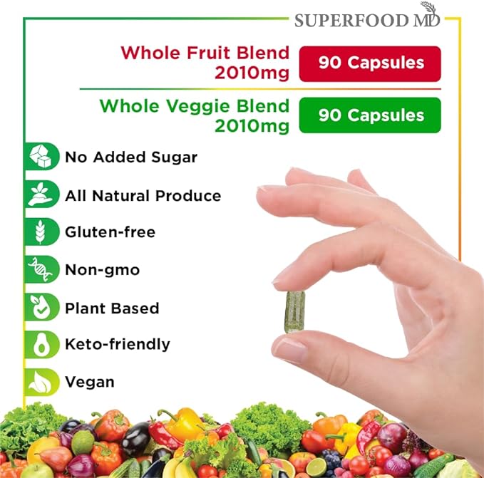 Superfood 180 Fruit and 180 Veggie Capsules -100% Whole Natural Superfood - Maintain Energy Levels, High Lycopene - Grown and Made in The USA (90 Count (Pack of 4)