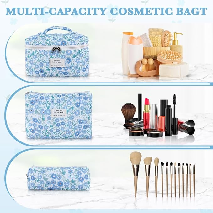 3Pcs Cotton Quilted Makeup Bag Set,Large Floral Cosmetic Bag,Aesthetic Toiletry Travel Makeup Bag Set and Cute Flower Bag for Women Girls (Blue Flower)