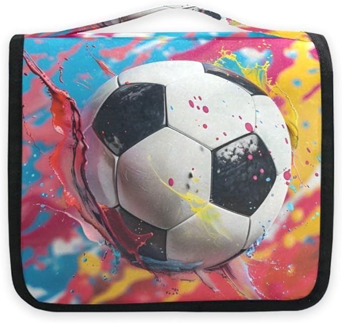 senya Hanging Travel Toiletry Bag Kit Boys Makeup Case Cosmetics Organizer for Men Women (Soccer Colorful)