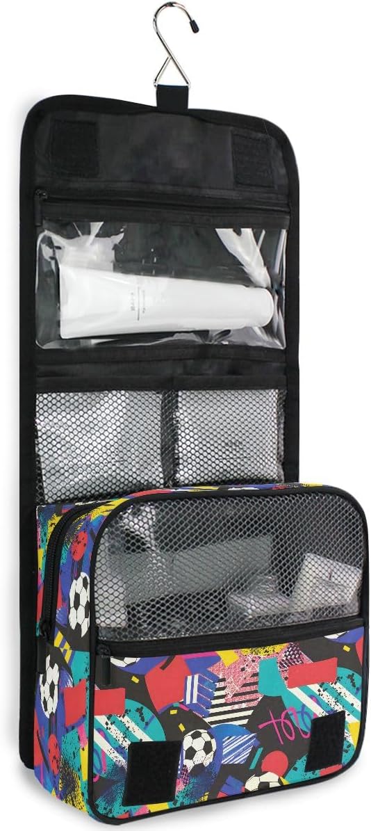 senya Hanging Travel Toiletry Bag Kit Boys Makeup Case Cosmetics Organizer for Men Women (Inspired Soccer Bright Colors)
