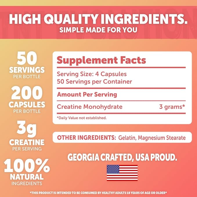 Creatine Monohydrate Capsules 50 Servings, 3,000 mg per Serving, Easy to Swallow, 750 mg of Creatine Monohydrate Per Capsule, High Absorption Rate