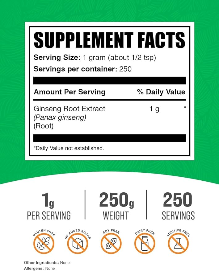 BulkSupplements.com Ginseng Root Extract Powder - Ginseng Supplement, Ginseng Herbal Supplements, Panax Ginseng - Vegan & Gluten Free, 1000mg per Serving, 250g (8.8 oz) (Pack of 1)
