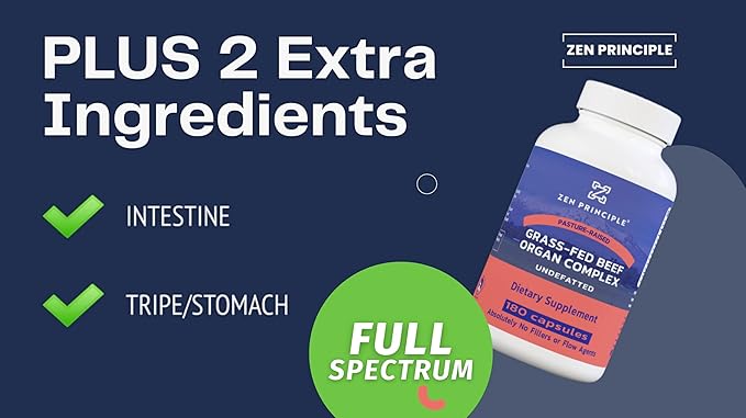 Zen Principle Grass Fed Beef Organs - Desiccated Liver, Heart, Kidney, Pancreas, Spleen, Intestine, Tripe/Stomach. Beef Organ Supplements 2-Pack
