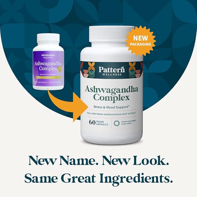 Pattern Wellness Ashwagandha Complex for Men & Women - KSM-66 & Black Pepper Extract - Whole Body & Heart Health - Supports Stress & Mood - Non-GMO - 60 Vegan Capsules