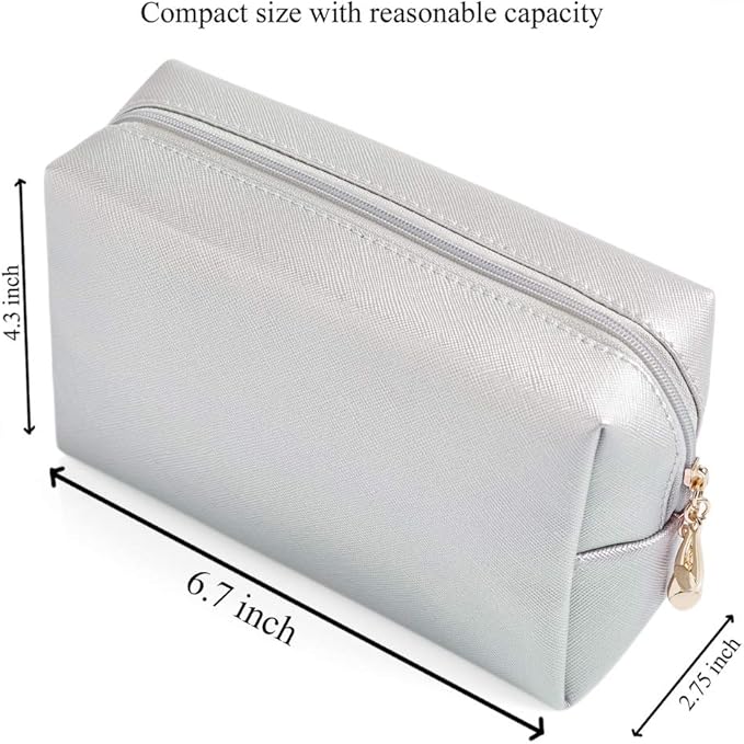 PU Leather Cosmetic Bag for Women Minimalism Makeup Bag for Daily Use Portable Storage Purse Small Neat Cosmetic Pouch Water-resistant Toiletry Bag for Travel (Silver)