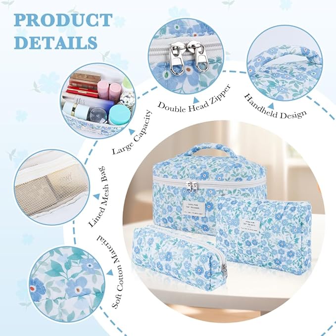 3Pcs Cotton Quilted Makeup Bag Set,Large Floral Cosmetic Bag,Aesthetic Toiletry Travel Makeup Bag Set and Cute Flower Bag for Women Girls (Blue Flower)