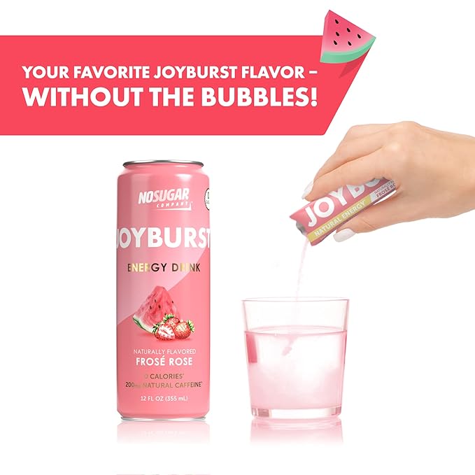 Joyburst Energy Drink Mix, Natural Caffeine (200mg) for Sustained, Jitter Free Energy, On-the-Go Natural Energy Drink Powder, Sugar Free - 16 x 4g Energy Sticks (Frose Rose)