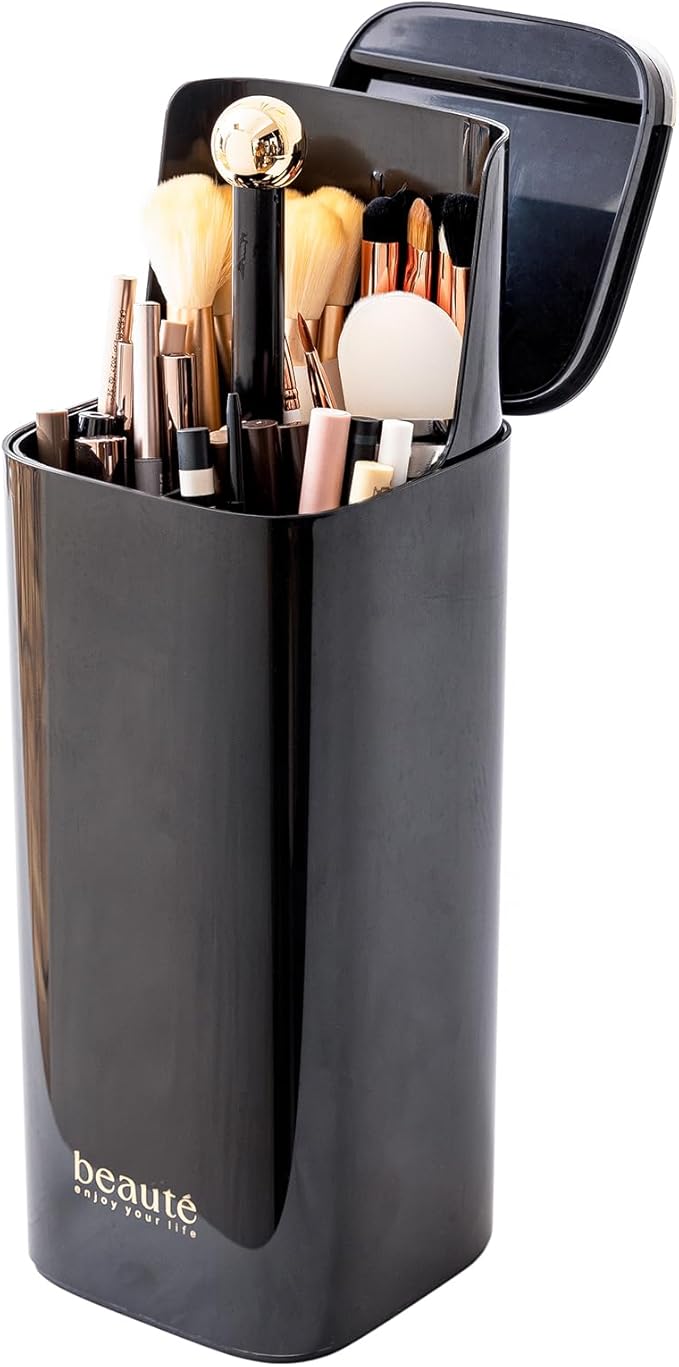 Makeup Brush Holder with Lid Cosmetic Tools Organizer(Black)