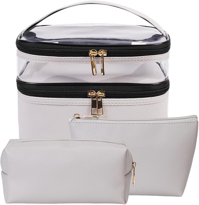 FITINI 3 Pieces Makeup Bags Double Layer Travel Large Cosmetic Cases Organizer Toiletry Bags Waterproof Small Zipper Pouch for Women Makeup Brush Storage Bag,Gray