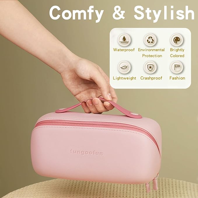 Travel Makeup Bag, Large Capacity Waterproof Cosmetic Bag for Women, Portable Pouch Open Flat Toiletry Bag Make up Organizer with Divider and Handle, Pink