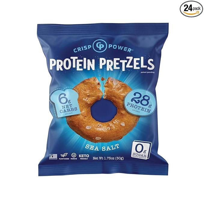Crisp Power High Protein Pretzel Crisps - 6 Pack x 1.75 oz Crunchy & Flavorful Plant-Based Snack. No Sugar, 28g Protein Per Pack in 3 Savory Flavors, Vegan, Keto Friendly, Non-GMO, Kosher Non-Dairy (1.75 Ounce (Pack of 24), Sea Salt)