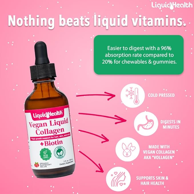 LIQUIDHEALTH 100% Vegan Collagen Plus Biotin 100,000mcg Liquid Drops - Plant-Based Liquid Collagen for Women, Men - Hair & Nail Growth, Skin Health, Boosts Metabolism - Non-GMO, Sugar Free (2 oz)