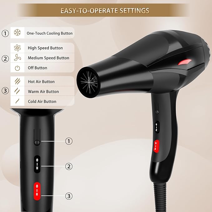 Hair Dryer Professional Ionic Salon Hair Dryer 2400W Powerful Fast-Drying Blue Light Ionic Hair Dryers with Diffuser, AC Motor Constant Temperature Quiet Ion Dryers for Women Men