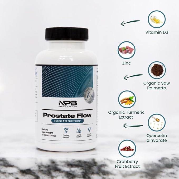 Nature's Pure Blend Prostate Flow Prostate Support - Men's Health - Urinary Support - 90 Caps - Organic Saw Palmetto - Turmeric (95% Curcuminoids) - Green Tea Leaf - Cranberry - Prostate Flow