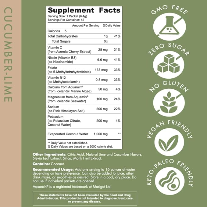 Holistix Electrolyte Powder: Zero Sugar Hydration | Enhanced with Icelandic Marine Algae | Natural Flavors | Keto & Paleo Friendly | 12 Stick Packs(Cucumber-Lime)