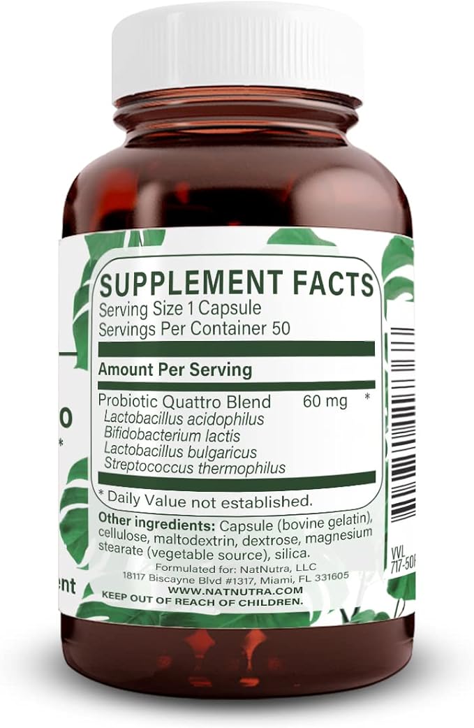 Natural Nutra Probiotic Quattro Supplement for Men & Women, Enhance Your Digestive Function, Improve Your Health, 50 Capsules