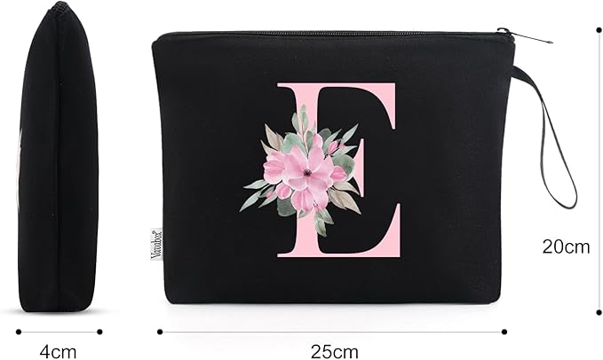 Vavabox A-Z Personalized Makeup Bag, Birthday Gifts for Women Mom, Gifts for Best Friend, Bride Bridesmaid Cosmetic bag (E, Black)