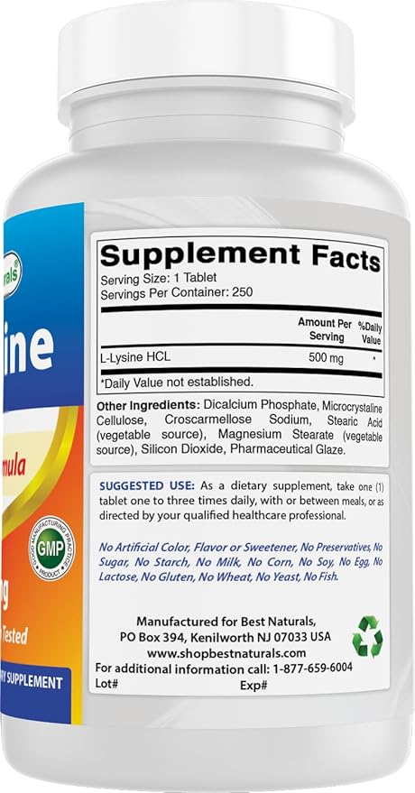 Best Naturals L-Lysine 500 mg 250 Tablets (250 Count (Pack of 2))