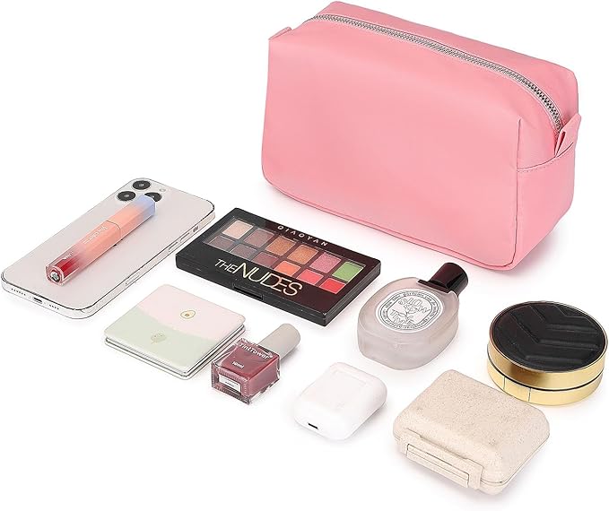 Organizer Bag Lightweight Cosmetic Bag with Ring Clasp Perfect Travel Makeup Bag for Women nylon Stand Up Design (Pink/Nylon)