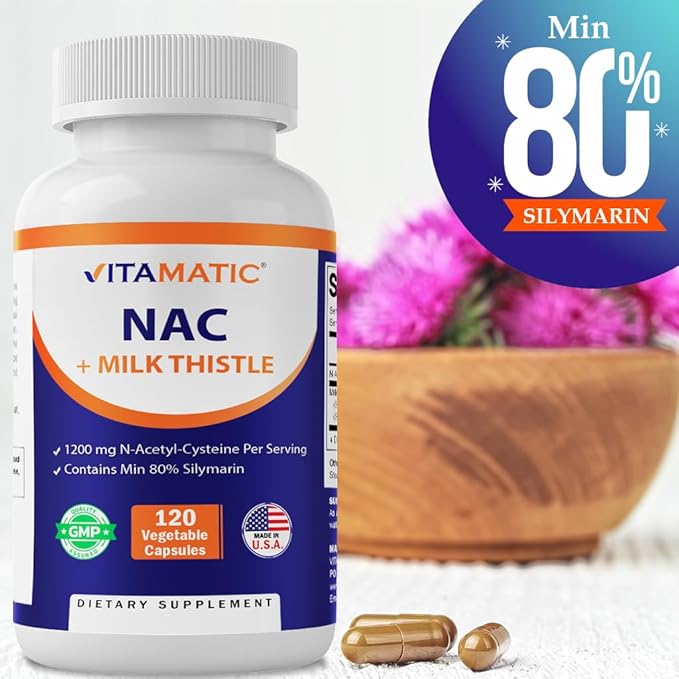 Vitamatic NAC Supplement N-Acetyl-L-Cysteine (NAC) with Milk Thistle 50:1 Extract - Supports Immune, Respiratory, Liver Health, 1200 mg per Serving, 120 Veg Capsules