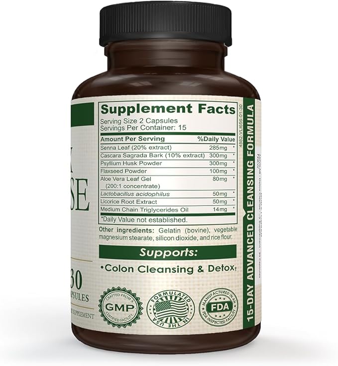 Detox Cleanse - Colon Detox - Supports Healthy Bowel Movement & Detox - Gut & Colon Detox Cleanse - Natural Laxative for Constipation - Reduce Bloating - Dietary Supplement - 30 Capsules