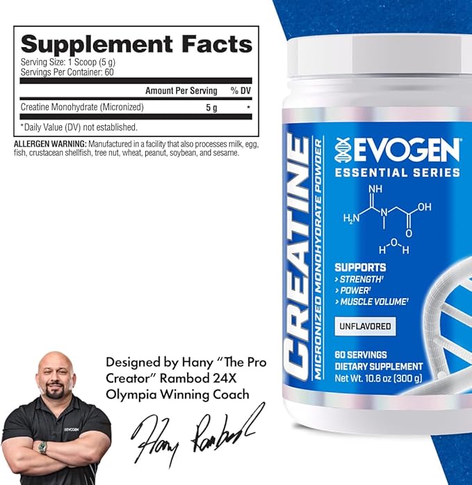 Evogen Creatine Monohydrate | Micronized Creatine Monohydrate for Strength, Power, Muscle Volume, & Enhanced Recovery | Unflavored | 60 Servings