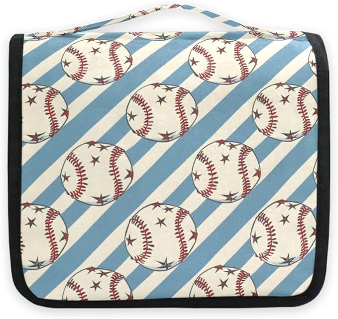 senya Hanging Travel Toiletry Bag Kit Boys Makeup Case Cosmetics Organizer for Men Women (Baseball Balls Star Blue Stipes)