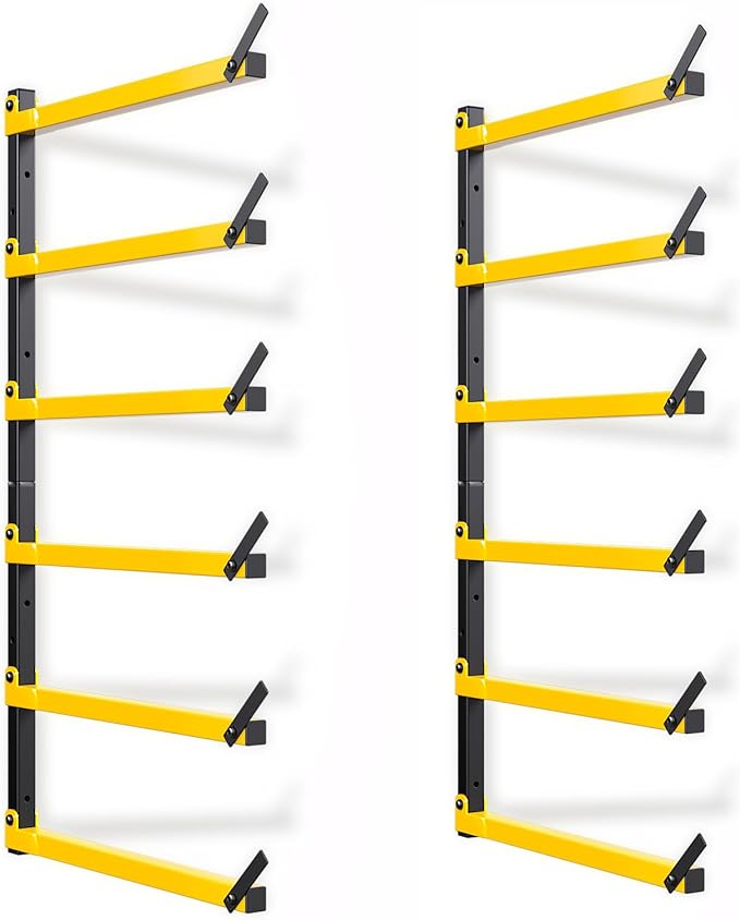 GREENER Lumber Storage Rack Folding Wood Storage Racks Wall-Mounted Metal Racks for Storage with 6-Level Heavy Duty Garage Wood Organizer for Woodworking Shop Indoor & Outdoor Use, 2 pairs,Yellow