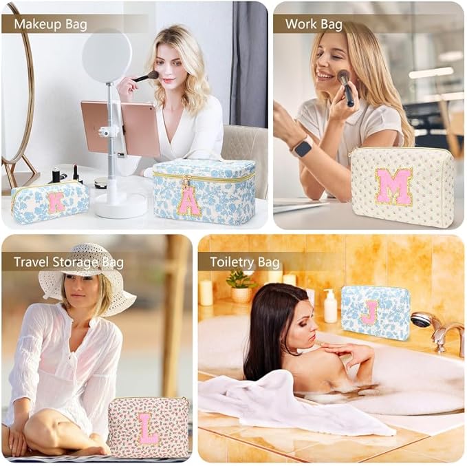 3 PCS Travel Makeup Bag Set, A-Z Initials Cotton Make up Bag Floral Quilted Cosmetic Bag for Girls and Women, Personalized Cute Toiletry Bag Travel Accessories Brushes Bag Blue - R