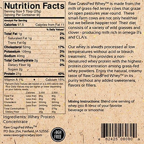 Raw Grass Fed Whey Protein Powder, Happy Healthy Cows, Undenatured, GMO-Free, Hormone Free, Gluten Free, Unflavored, Unsweetened, 5LB