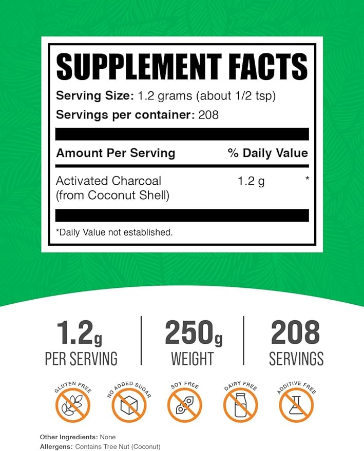 BulkSupplements.com Activated Charcoal Powder - from Coconut Charcoal, Charcoal Powder for Teeth Whitening - Vegan & Gluten Free - 1200mg per Serving, 250g (8.8 oz) (Pack of 1)