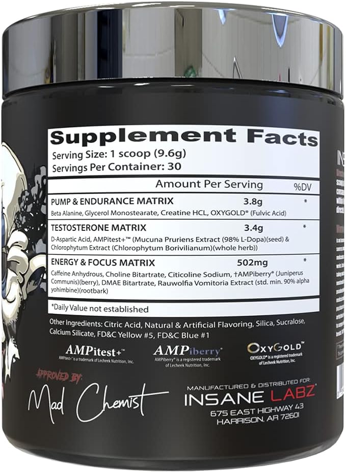 Insane Labz Psychotic Test, High Stim Testosterone Energy and Pump Boosting Pre-Workout Powder with DMAE Bitartrate, D Aspartic Acid, Creatine HCL and Glycerol Monostearate, 30 Servings, Lemon Lime