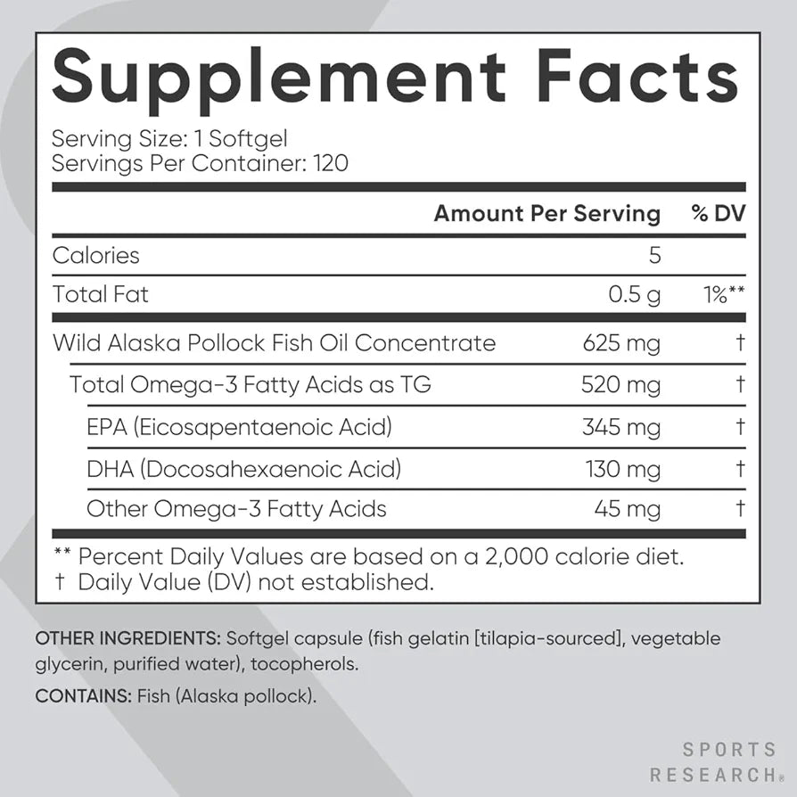 Sports Research Fish Oil Mini-Softgels - Easy to Swallow Omega-3 Fatty Acids from Wild Caught Alaska Pollock Supporting Brain & Heart Health - 625 mg, 120 ct