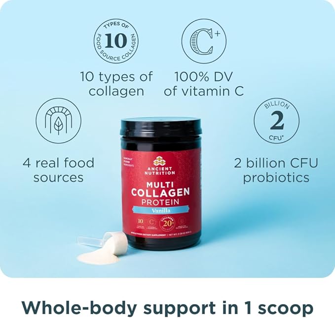Ancient Nutrition Collagen Powder Protein with Probiotics, Multi Collagen Protein with Vitamin C, Hydrolyzed Collagen Peptides Supports Skin and Nails, Gut Health (60 Servings, Vanilla)